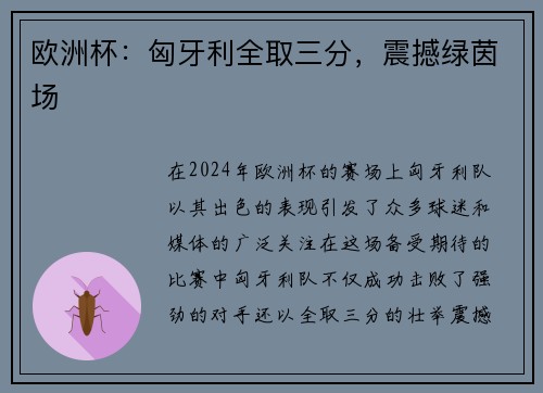 欧洲杯：匈牙利全取三分，震撼绿茵场