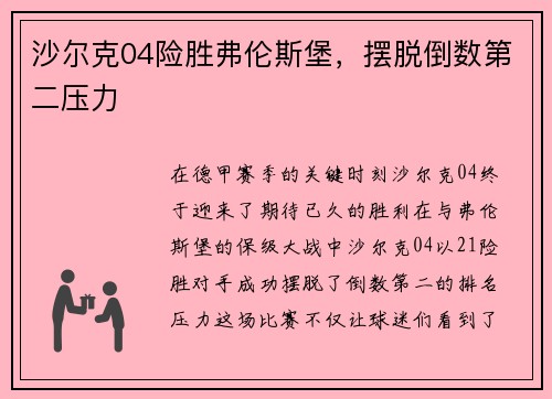 沙尔克04险胜弗伦斯堡，摆脱倒数第二压力